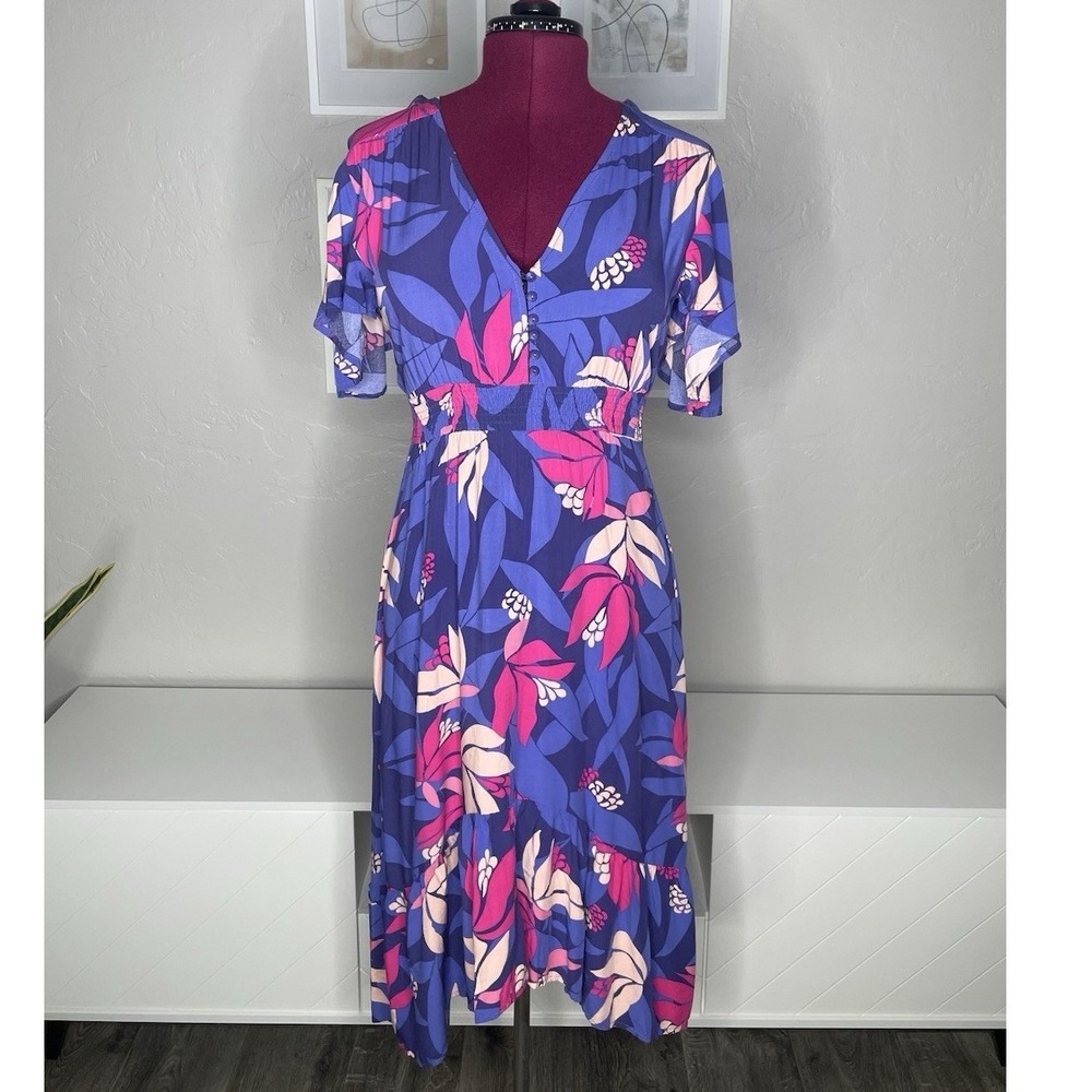 Abel The Label High Low Maxi Dress Womens Small Purple Pink Floral Smocked Rayon